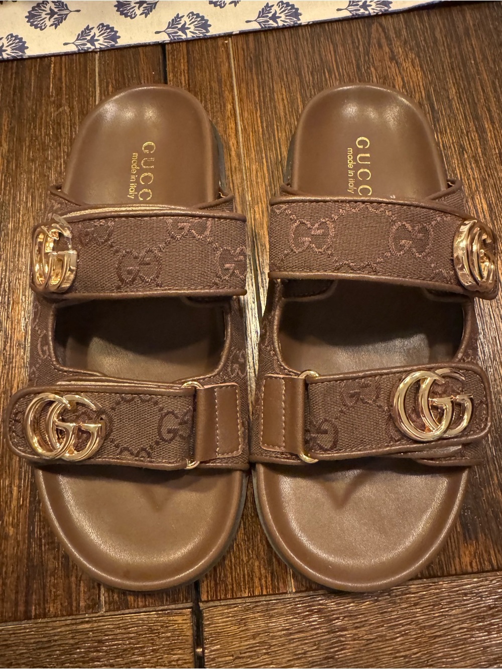 Brown GG Logo Double-Strap Sandals with Gold Hardware size 9